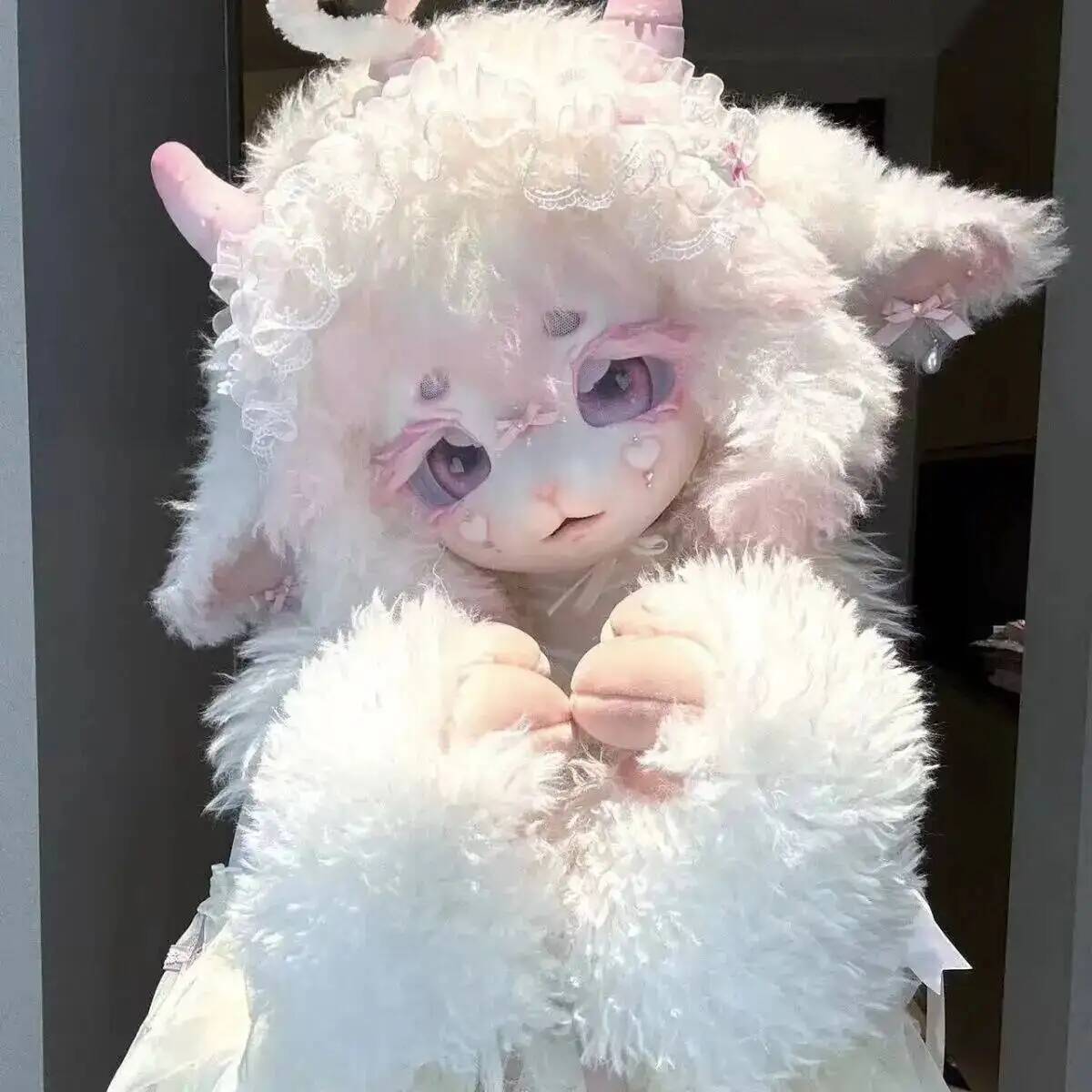 Anime Cosplay Mask - 手作りキグフーリーコスチュームヘッド 可愛い羊/子羊ケモノマスク アニメコスプレ フルヘッド ロリータ風ファー衣装 毛皮ファン向け