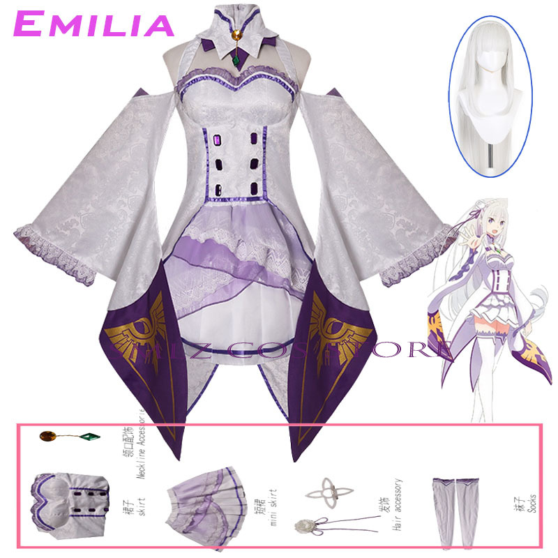 Anime Cosplay Ladies - エミリアコスプレアニメ再ゼロカラハジメル異世界生活衣装白制服ドレスウィッグセットハロウィンパーティー衣装女性用