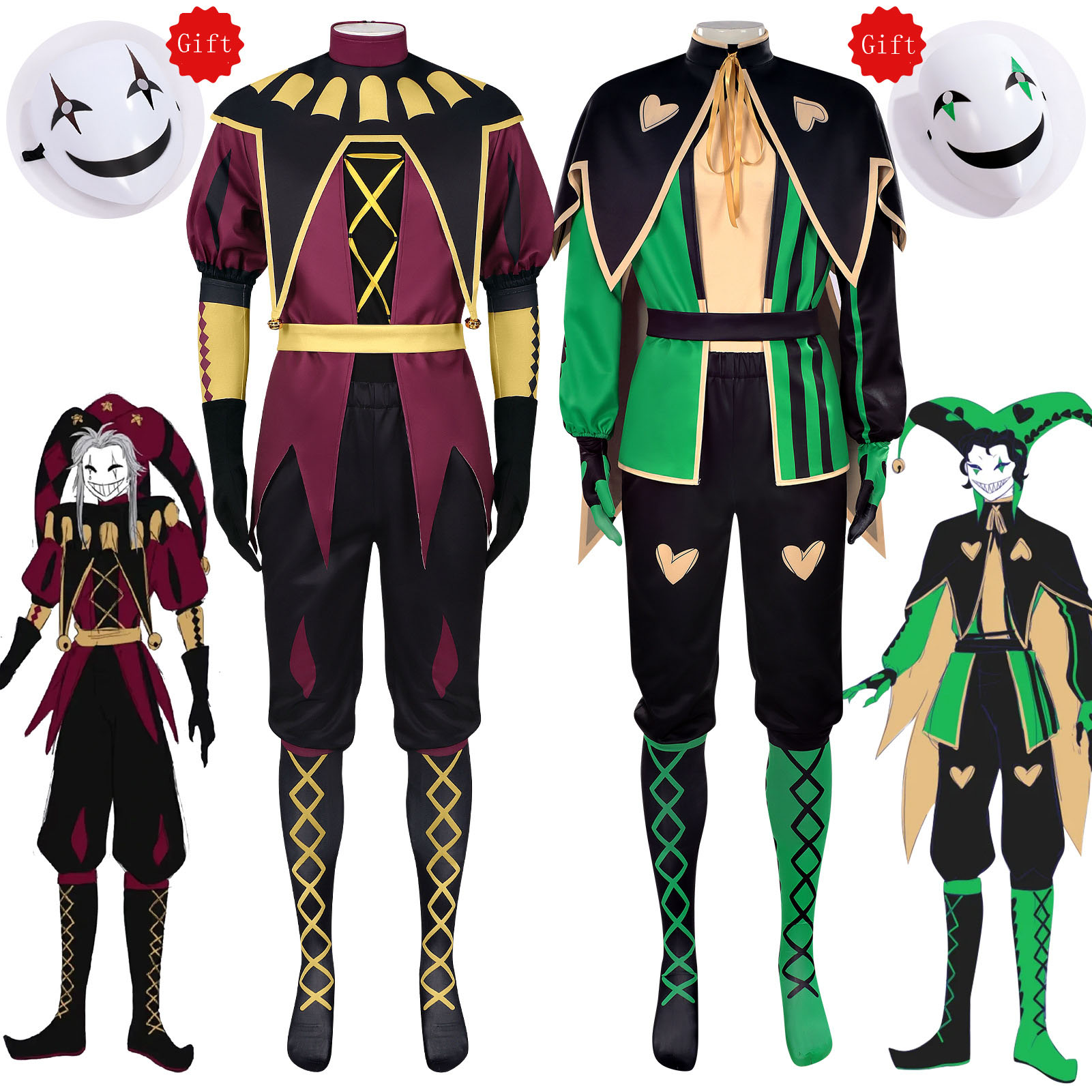 Anime Cosplay Mask - アニメピエロコスプレ緑赤衣装マスク帽子手袋靴下クリスマスハロウィンパーティー衣装