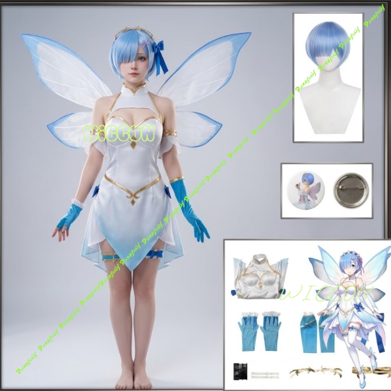 Anime Cosplay Rem - Re:ゼロから始める異世界生活 レム 花の妖精 コスプレセット 花柄の衣装とキャラクターウィッグ ハロウィン