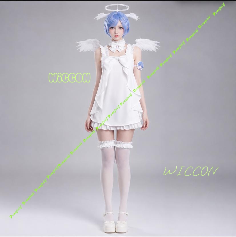 Anime Cosplay Rem - 再ゼロキャラクターコスプレ衣装ラムレムスイートホワイトエンジェルスリープウェアレースフリルパジャマとウィッグハロウィンテーマのドレスに最適