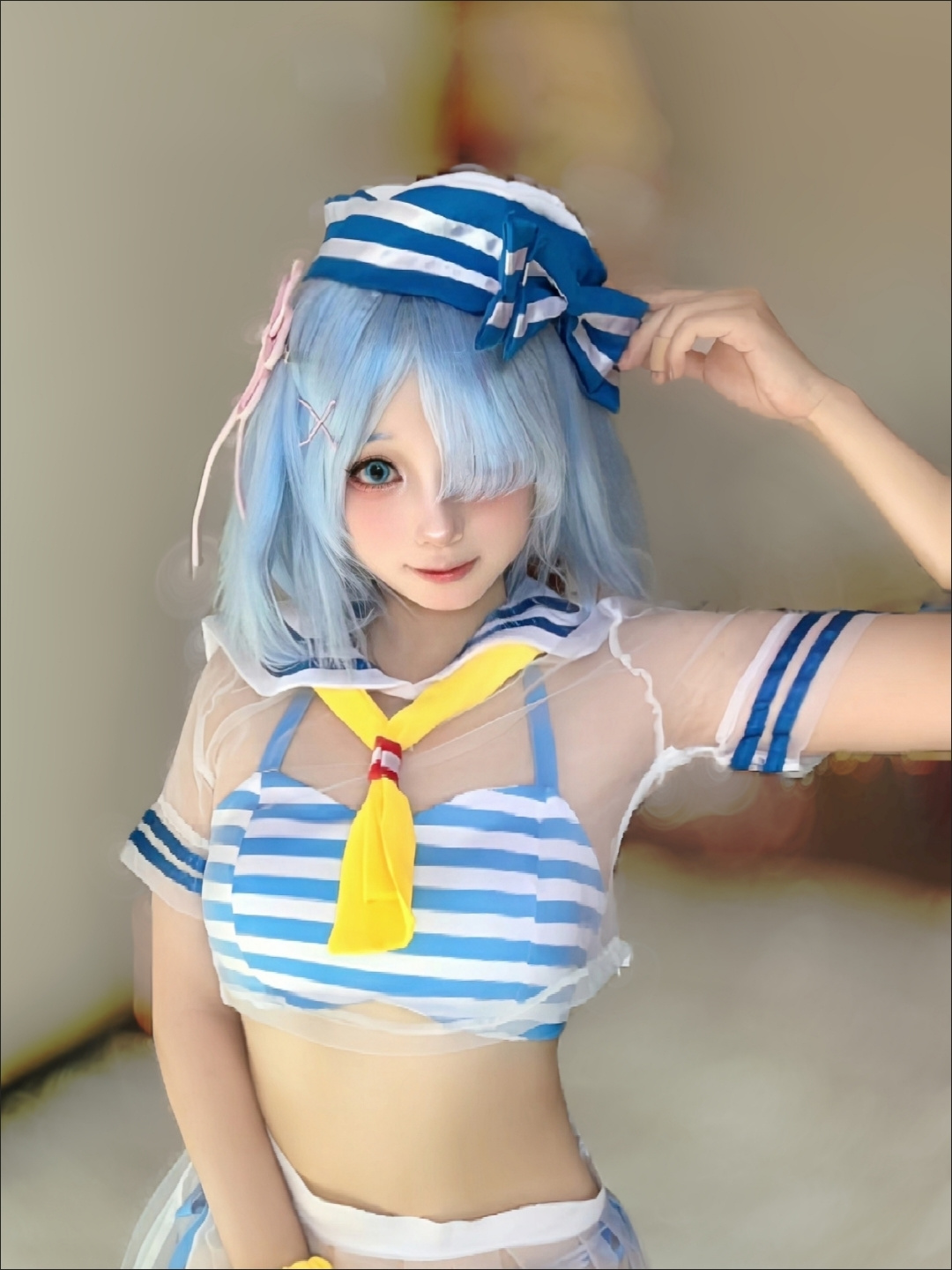 Anime Cosplay Rem - Re:ゼロから始める異世界生活 レム コスプレ衣装 - かわいいセーラー水着＆水着セット アニメロールプレイや夏のパーティーに最適