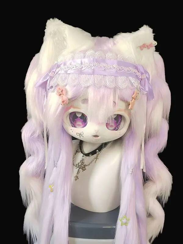 Anime Cosplay Mask - 手作りキグフーリーコスチュームヘッド、かわいい猫ケモノマスク、アニメコスプレフルヘッド、紫髪ロリータ風毛皮コスチューム（毛皮ファン向け）