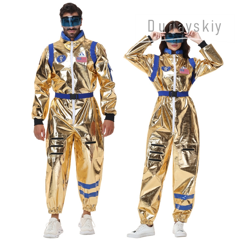 光沢のあるメタリックゴールド宇宙飛行士ジャンプスーツコスチュ - Anime Cosplay Couple のレビューと価格