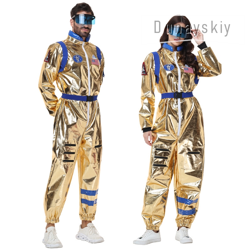 光沢のあるメタリックゴールド宇宙飛行士ジャンプスーツコスチュ - Anime Cosplay Couple のレビューと価格