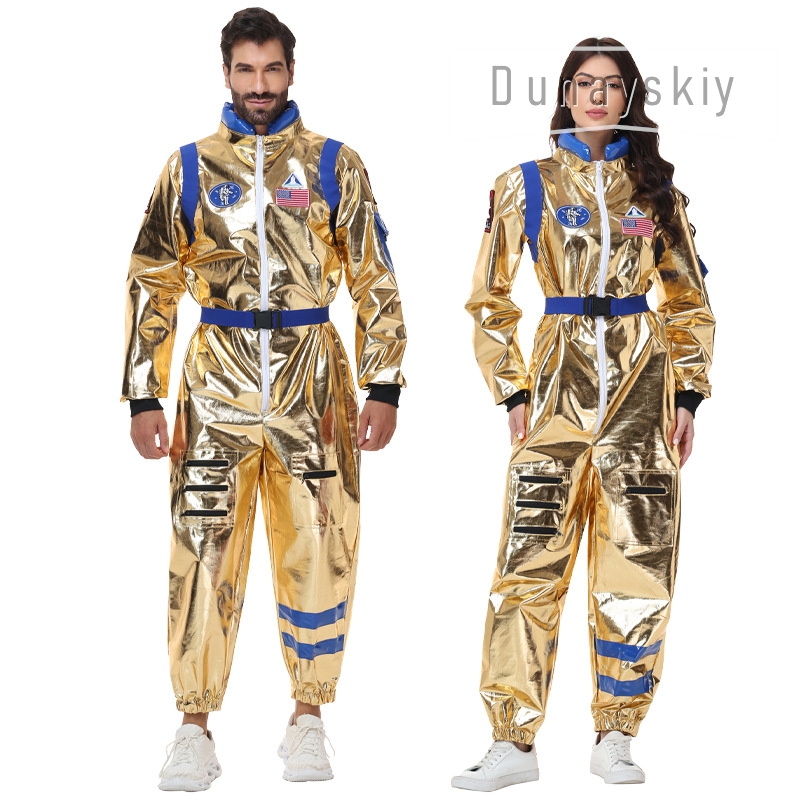 光沢のあるメタリックゴールド宇宙飛行士ジャンプスーツコスチュ - Anime Cosplay Couple のレビューと価格